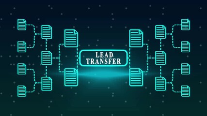 Neon Blue Document Network with Lead Transfer Text on Dark 4k video Background connection data - Powered by Adobe
