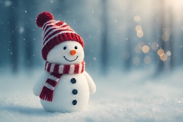 Fototapeta premium Cute snowman wearing a striped hat and scarf in a snowy forest