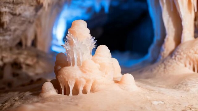 Stalactite And Stalagmite Formations In An Illuminated Cave With Blue Ambient Lighting And Detailed Crystal Structures In The Foreground