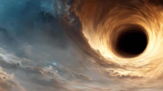 Dramatic view of a cosmic phenomenon with swirling clouds and a dark hole
