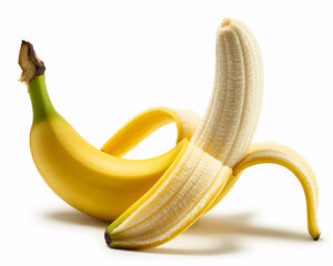 Fresh peeled banana ready to eat with vibrant yellow peel and white fruit on isolated white background