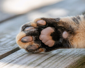 Cozy cat paw resting on wooden surface, ideal for pet care, relaxation, and animal lifestyle concepts