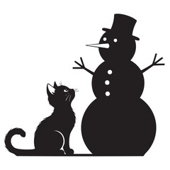 Curious Cat Looking Up at Snowman - Winter Companions