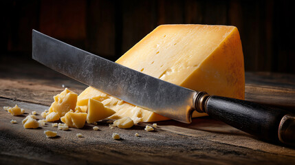 Cutting aged gouda cheese with large knife, detailed texture and crumbly surface, rustic table