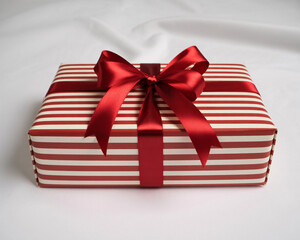 Elegant red and white striped gift box with satin ribbon and bow, perfect for celebrations and special occasions
