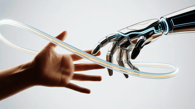 Human hand reaching out to a futuristic robotic hand holding a transparent circular object