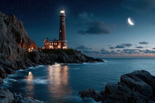 Lighthouse on rocky coast at night under starry sky with crescent moon