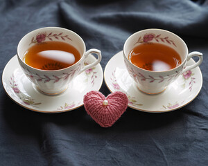 Enjoy a cozy tea time with loved ones, featuring beautiful floral teacups, a knitted heart, and warm ambiance
