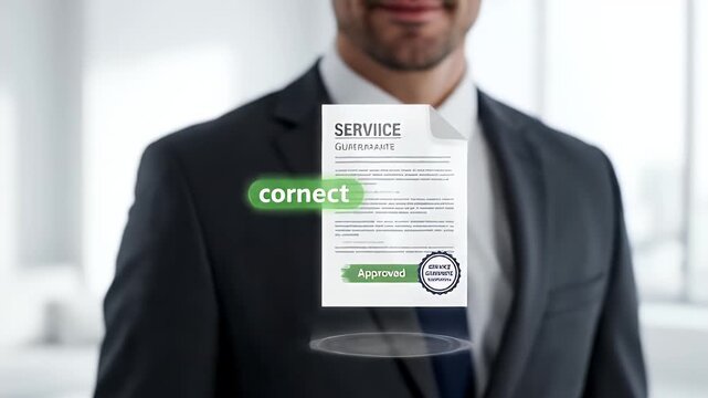 Close Up Of Businessman Holding Service Document With Green Connect Overlays In Blurred Office Background Wearing Dark Suit With Silver Ring