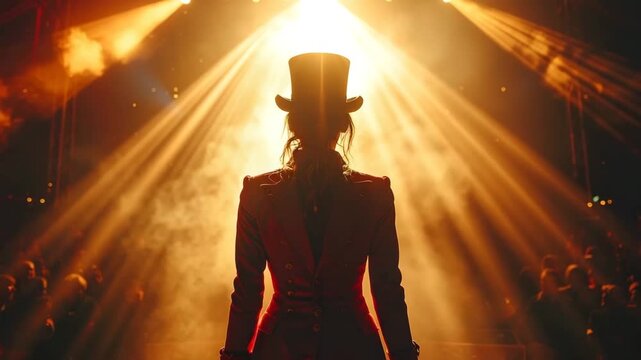 Dramatic Circus Stage with Charismatic Ringmaster-Style Performer