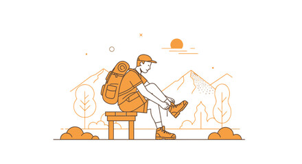 Fototapeta premium Adventurer Prepares For The Journey Near Mountain Range, Graphic Illustration Style Design