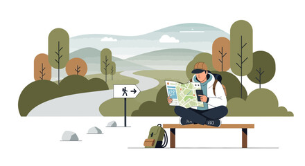 Adventurer Planning Route With Map And Phone In The Great Outdoors Scene