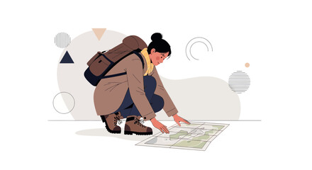 Adventurer Planning Her Route Outdoors Using A Map During A Hiking Expedition