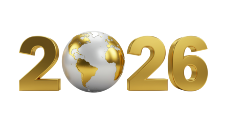 Golden 2026 with Earth globe isolated on a transparent background