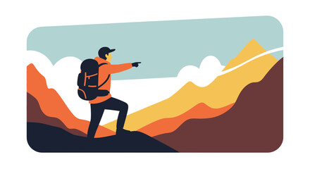 Adventurer Pointing Towards Mountain Peaks on Hiking Expedition Illustration