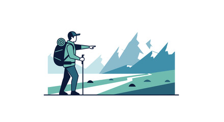 Adventurer Pointing Towards Mountains And Landscape With Hiking Gears In Minimalist Style