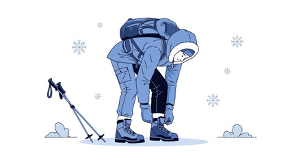 Adventurer Prepares Boot Laces Before Starting Journey Into The Winter Wilderness