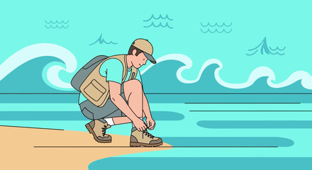 Adventurer Prepares For The Beach Journey By Tying Their Boots Beside The Ocean