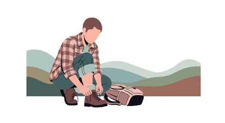 Adventurer Prepares For Journeys Into Nature Tying Up Boots For Exploration And Hiking