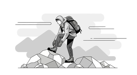 Adventurer Prepares For The Climb On Rocky Terrain, Monochrome Illustration