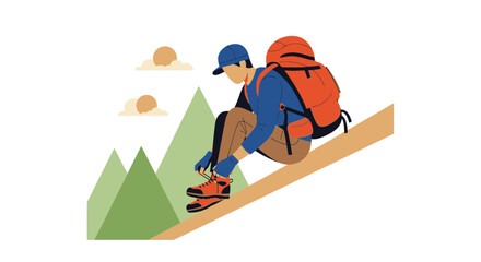 Adventurer Prepares For The Climb: Tying Boots Before Ascent To Mountain Peaks