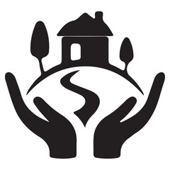 Caring Hands Holding Peaceful Home Landscape Illustration