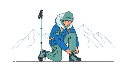 Adventurer Prepares For The Climb Tying Their Boots Surrounded By Majestic Mountain Peaks