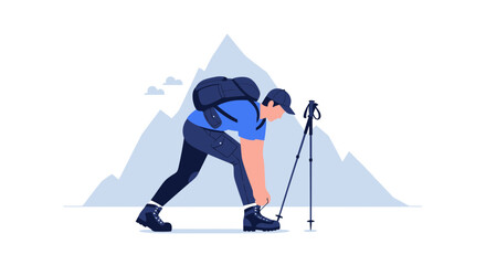 Adventurer Prepares For The Climb Tying Boot, With Mountain And Hiking Poles, Ready To Go