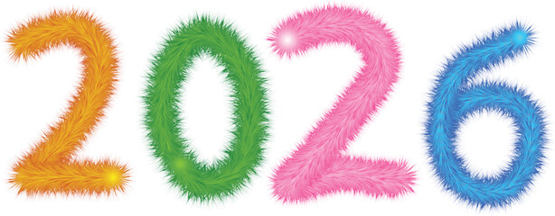 Fluffy 2026 New Year Text Design - Vibrant Tinsel Style