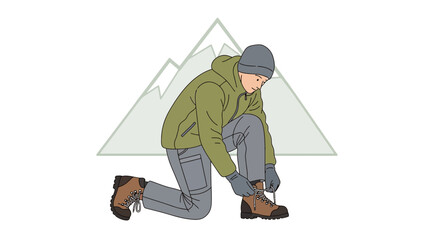 Adventurer Prepares For The Climb Tying Hiking Boots With Mountainous Background Detail