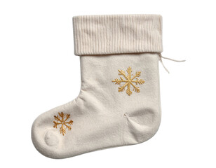 Modern Scandinavian Christmas Stocking in Beige and Gold with Minimal Snowflake Symbol, Flat Lay, Isolated PNG,And transparent the background.