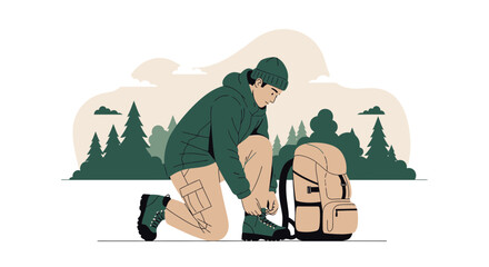 Adventurer Prepares For The Journey Amidst Serene Forest Scenery And Nature Adventure