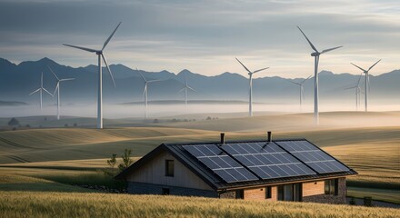 House with Solar Panels and Wind Turbines in a Field