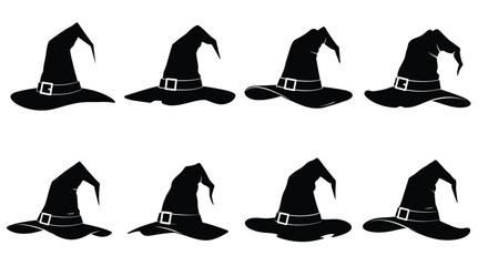 A collection of simple black silhouette witch hats arranged in rows