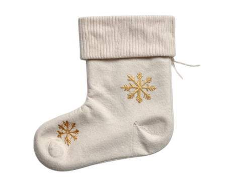 Modern Scandinavian Christmas Stocking in Beige and Gold with Minimal Snowflake Symbol, Flat Lay, Isolated PNG,And transparent the background.
