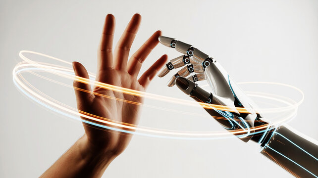 Human hand and robotic arm connecting with futuristic light trails symbolizing technology and humanity collaboration - Powered by Adobe