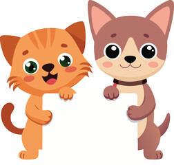 Adorable kitten and puppy holding blank sign vector illustration scalable for commercial use