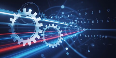 Interlocking Gears and Digital Data Streams in Motion on a Dark Blue Background technology. Futuristic Digital Technology Background .Artificial Intelligence Data Flow Background.