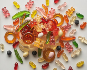 Vibrant assortment of colorful gummy bears, worms, and rings scattered on a clean white background for joyful treats