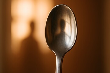 Artistic macro image showing soft reflections in a coffee spoon with natural light.