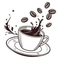 Dynamic coffee cup splash with beans hand drawn vector illustration scalable eps art