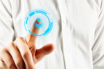 Close up of a person s finger touching a futuristic blue holographic interface displaying a person icon