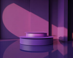 Modern minimalist purple stage podium with dramatic light shadows, perfect for product display and brand showcases