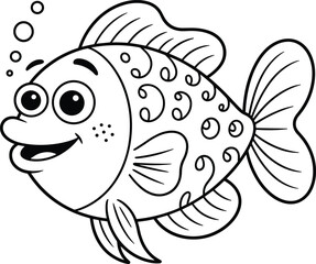 Cute cartoon fish illustration, happy fish drawing, underwater animal line art, adorable sea creature coloring page for kids