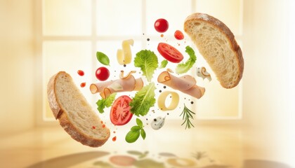 Floating ingredients including sliced bread, fresh vegetables, and deli meats create a vibrant sandwich composition, showcasing culinary creativity and appetizing visuals in a bright kitchen setting