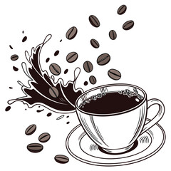Artistic coffee cup with splashing liquid and falling beans vector illustration scalable eps