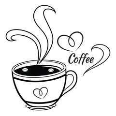 Hand drawn coffee cup with steam and heart shapes vector illustration for delicious beverage lovers