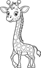 Cute giraffe coloring page, cartoon giraffe illustration, black and white animal drawing, adorable baby giraffe line art for kids