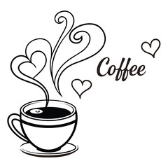 Charming coffee cup illustration with heart-shaped steam and "coffee" text vector