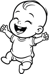 Cute happy baby cartoon illustration, joyful infant line art, adorable child drawing, cheerful baby coloring page, smiling newborn artwork